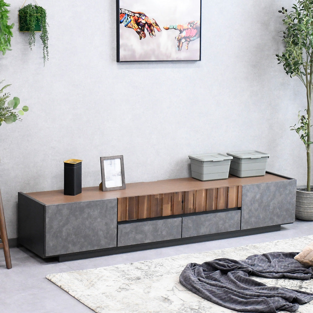 国産テレビボード 幅180cm アカシア無垢材×モルタル調 完成品 収納付き ヴィンテージモダン