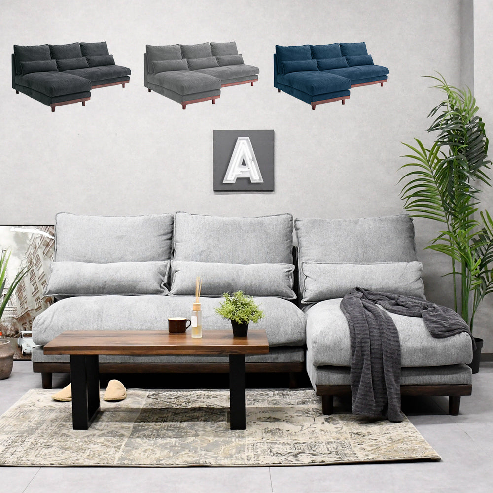 羽毛入りカウチソファ 3人掛け｜高級ファブリック＆天然木風フレーム 全