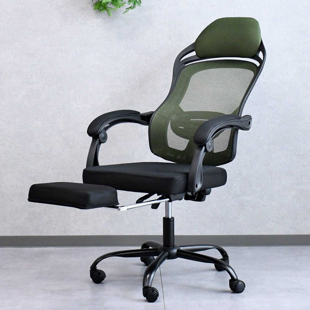 リクライニングメッシュチェア|オットマン内蔵・ハイバックモデル