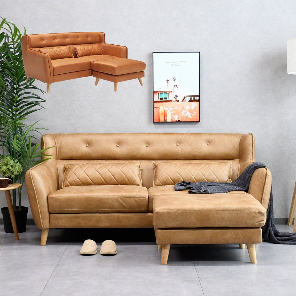 開梱設置無料】レザーファブリック 3人掛け カウチソファ スツール付き