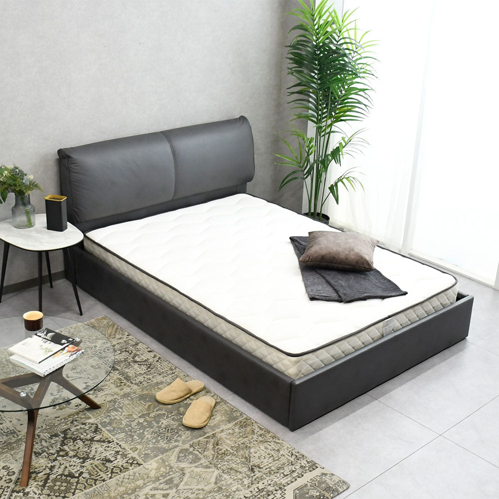 ダブルベッドフレーム レザー調｜背もたれ付き・収納活用・モダンデザイン