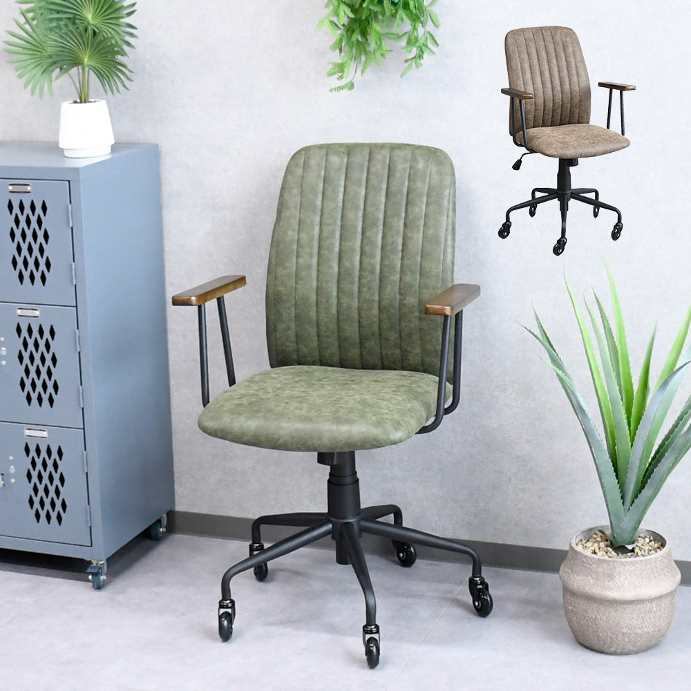 昇降式オフィスチェア|木肘付き・キャスター・ヴィンテージレザー風・在宅ワーク対応