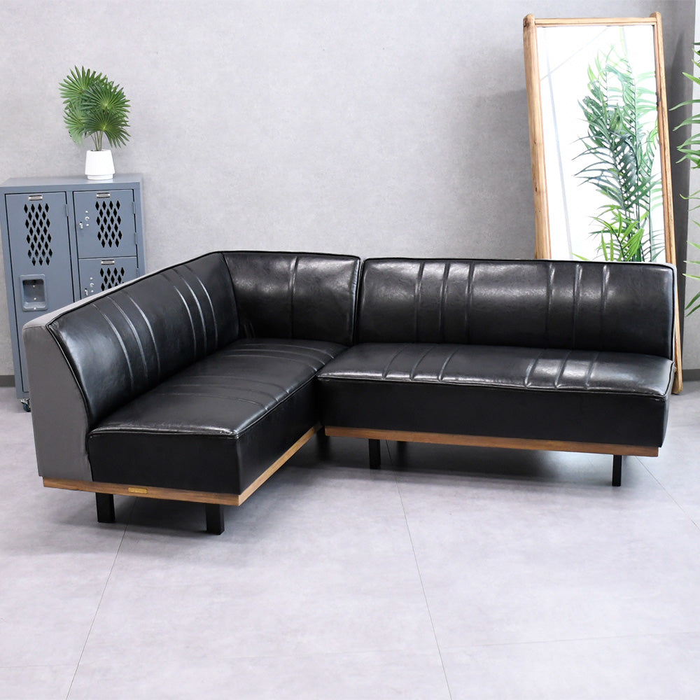 L字型】バイキャストレザー×帆布の異素材カウチソファ｜ブラック×