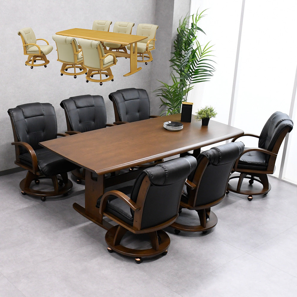 7点セット】PVCレザー回転チェア付きダイニングセット｜6人掛け｜木製