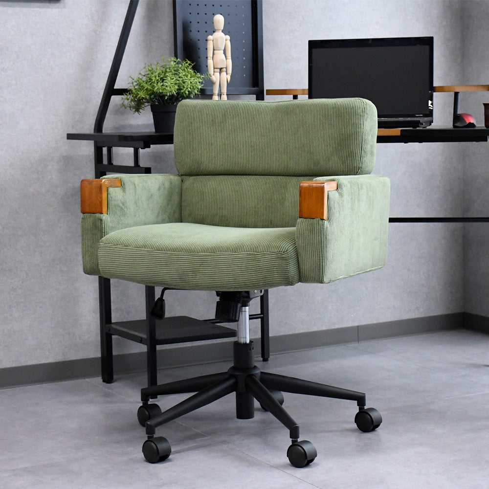 デスクチェア コーデュロイ調|木肘付き・昇降・キャスター・北欧レトロモダン