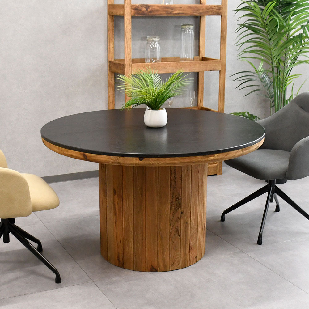 【インダストリアルモダン】リサイクルウッド 無垢材 ダイニングテーブル 丸型 120cm ブラック塗装 木製 おしゃれ カフェ風 ナチュラル家具