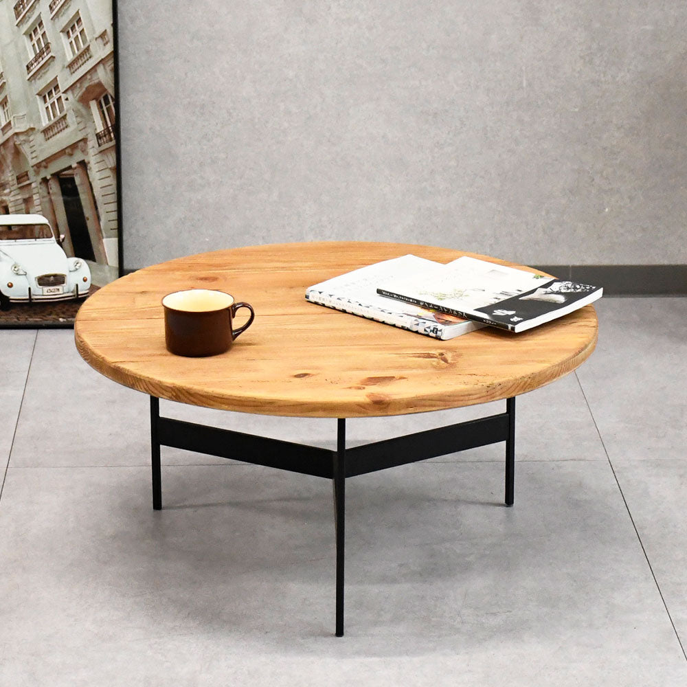 【ヴィンテージモダン】リサイクルウッド 無垢材 ローテーブル 丸型 70cm幅 木製 アイアン脚 おしゃれ カフェ風