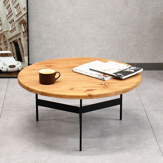 【ヴィンテージモダン】リサイクルウッド 無垢材 ローテーブル 丸型 70cm幅 木製 アイアン脚 おしゃれ カフェ風