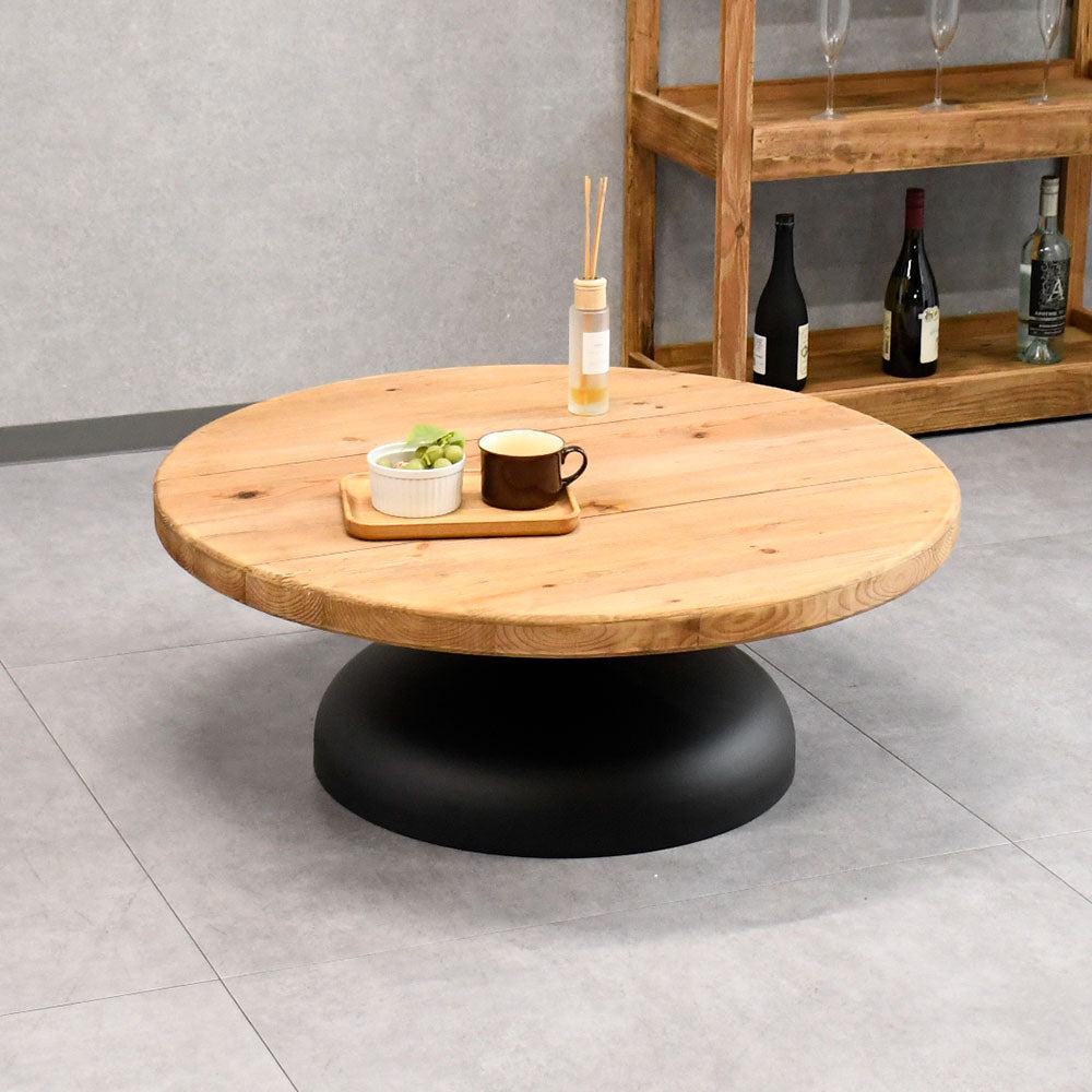 【ナチュラルモダン】リサイクルウッド 無垢材 ローテーブル 丸型 90cm幅 木製 アイアンベース おしゃれ カフェ風