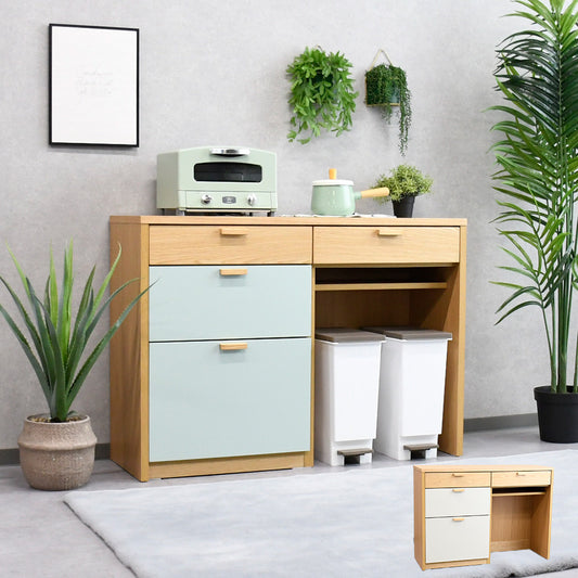 【幅120cm・ゴミ箱収納付き】北欧風キッチンカウンター｜ナチュラル×ミントグリーン｜レンジ台・家電収納・完成品