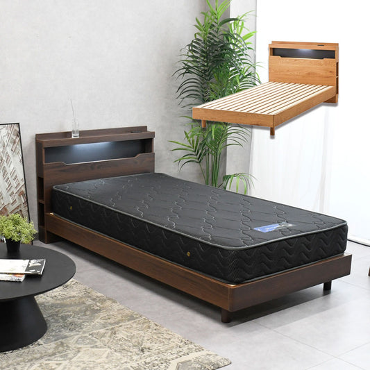 LED照明付き ベッドフレーム 宮棚 コンセント付き すのこ構造 シングル・セミダブル・ダブル 木目調 ブラウン/ベージュ