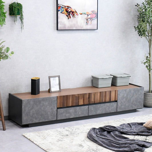国産テレビボード 幅180cm アカシア無垢材×モルタル調 完成品 収納付き ヴィンテージモダン