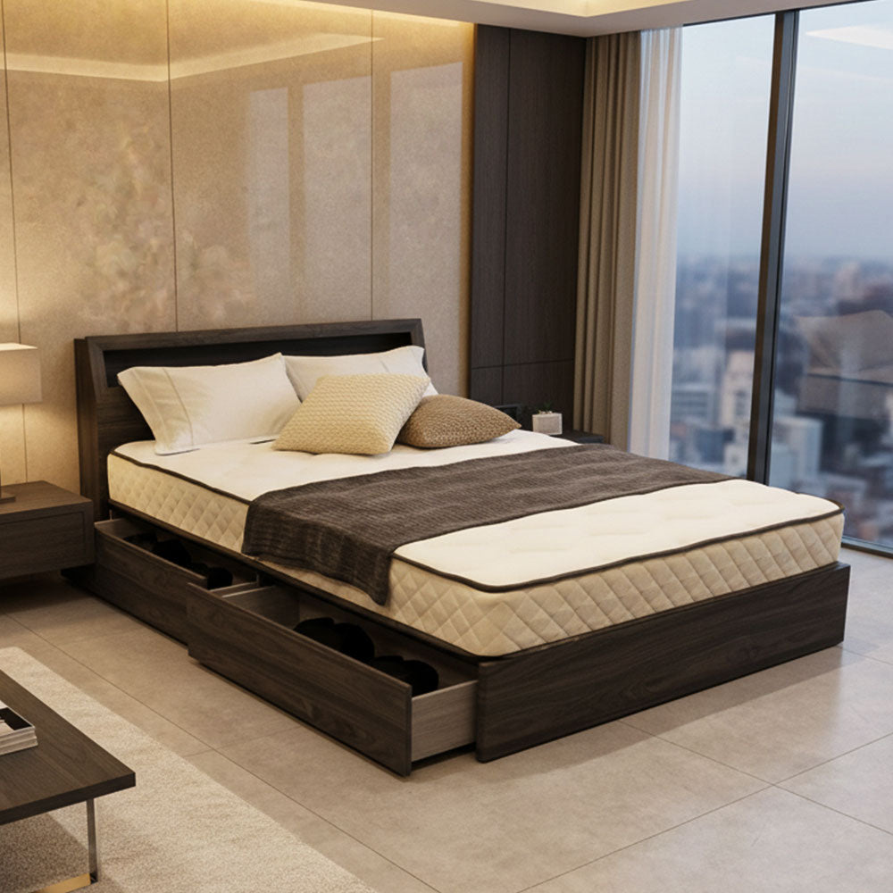 引き出し収納付き ベッドフレーム シングル・セミダブル・ダブル モダンヘッドボード 木目調 グレー/ブラウン