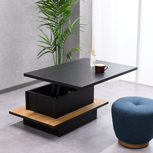 【国産・完成品】昇降式リフトアップセンターテーブル｜収納付き×木目×ブラック天板