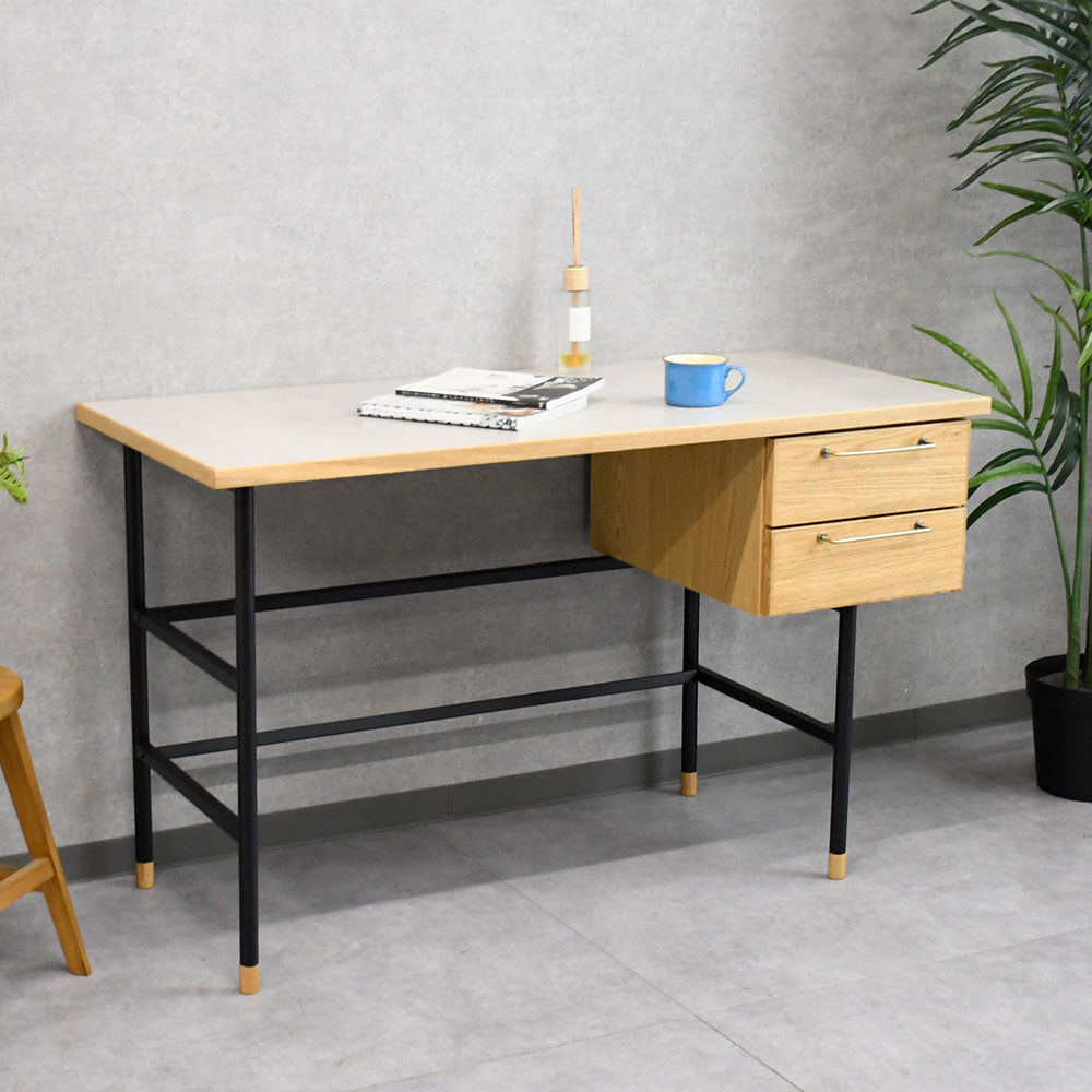 【北欧モダン】メラミン天板 × オーク無垢縁 デスク 幅120cm 引き出し付き アイアン脚 おしゃれ 机
