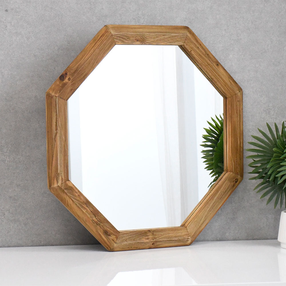 【ヴィンテージナチュラル】リサイクルウッド 八角形ミラー 73cm幅 オクタゴン 壁掛け・立て掛け 両用