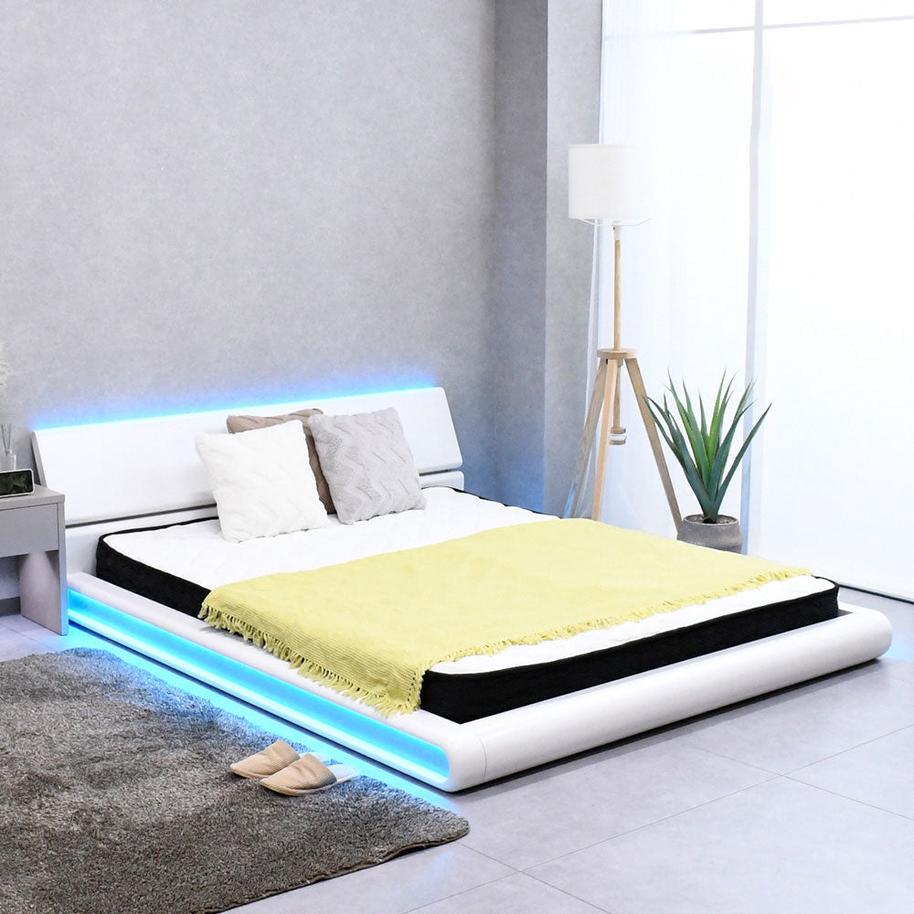 LEDライト付きローベッド フロアベッド クイーンサイズ｜モダンデザイン 白フレーム