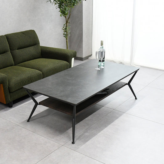 セラミックローテーブル｜選べる100cm・125cm｜グレーストーン天板 × スチール脚