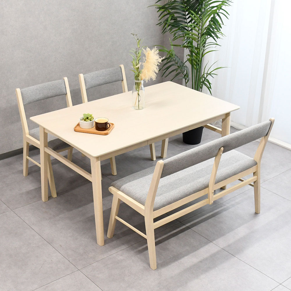 【引き出し収納付き】オーク突板ダイニング4点セット（テーブル＋チェア2脚＋背もたれベンチ）140cm幅