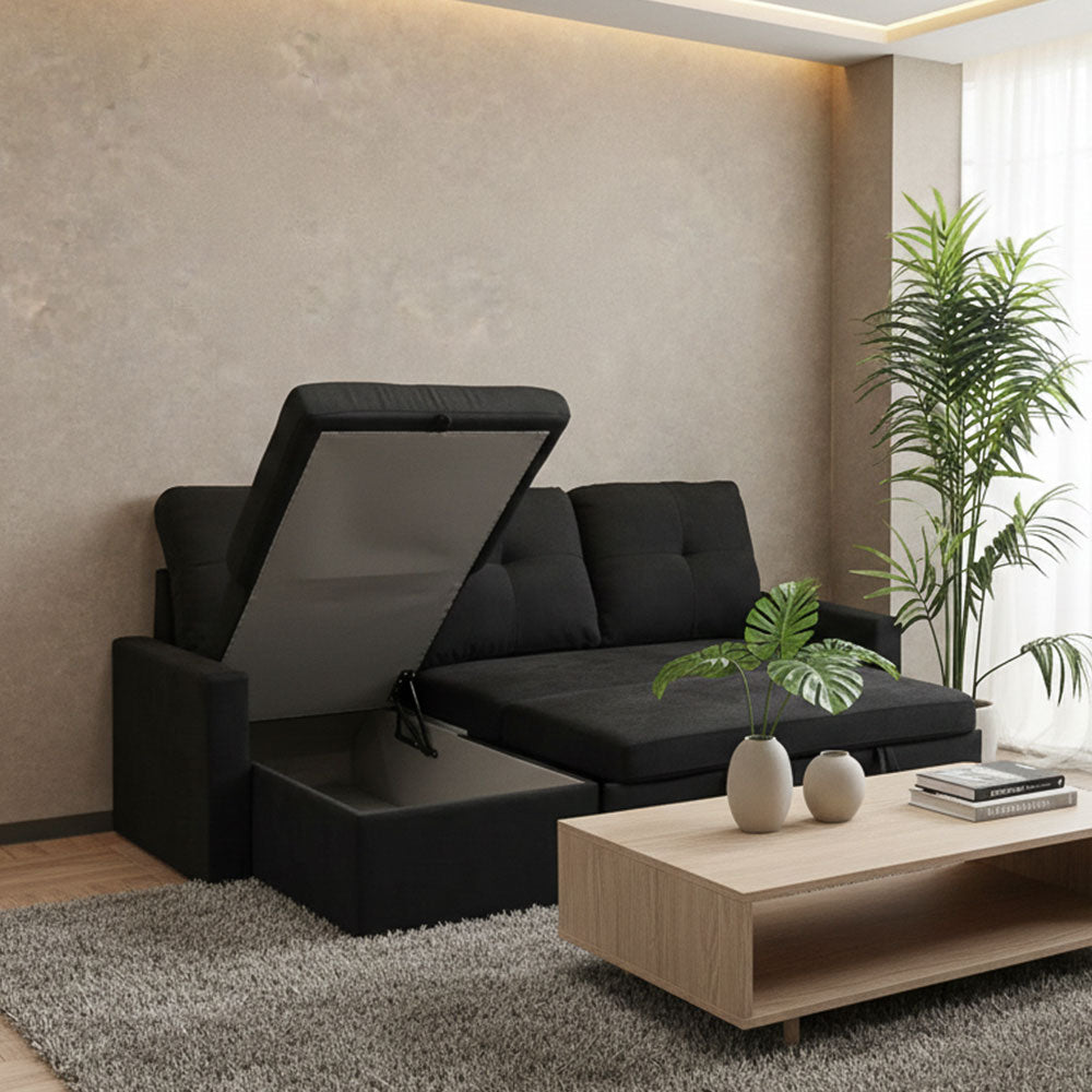 収納付き カウチソファ 3人掛け 左右入れ替え対応 L字 ソファベッド ブラック