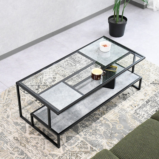 センターテーブル ガラストップ モダン｜石目調×スチール脚 ローテーブル 収納棚付き