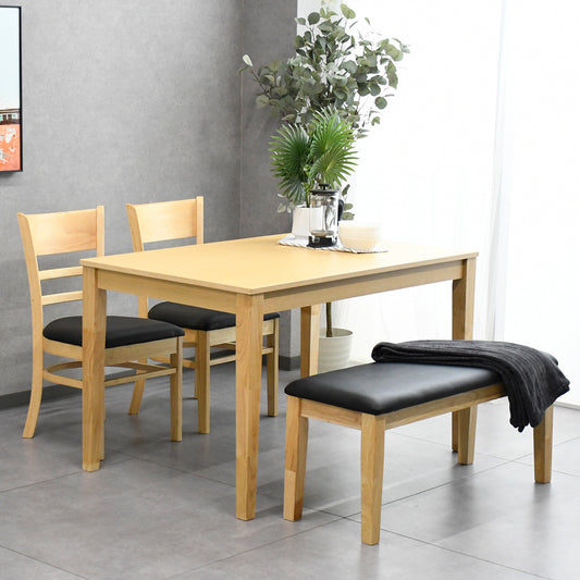 【4点セット】木製ダイニングセット｜テーブル＆チェア2脚＋ベンチ｜ナチュラル×ブラックレザー座面
