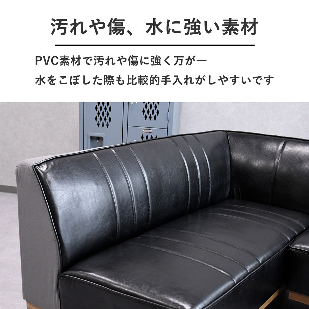 【L字型】バイキャストレザー×帆布の異素材カウチソファ｜ブラック×木製フレーム｜3人掛け