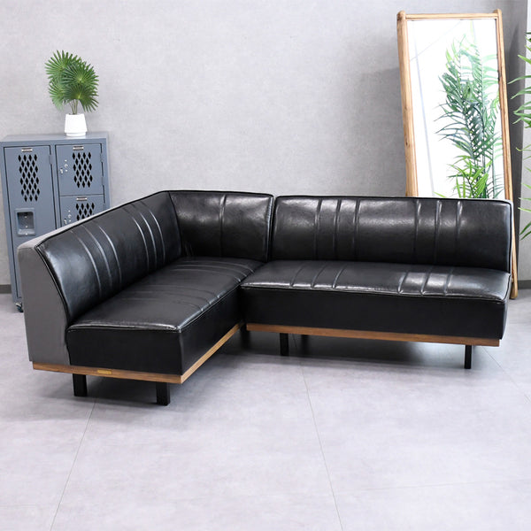 L字型】バイキャストレザー×帆布の異素材カウチソファ｜ブラック×木製